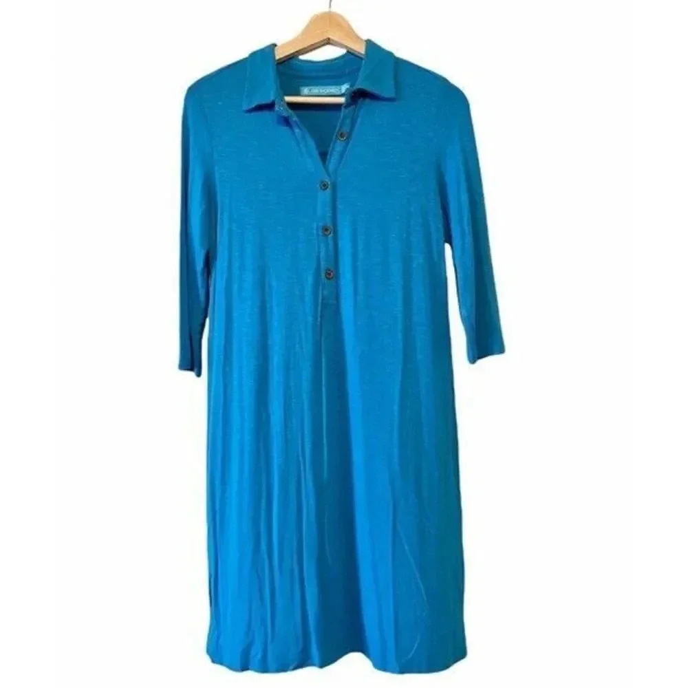 Tori Richard Blue Henley Button Down Collar Long Sleeve Dress S